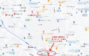 JR箱根ヶ崎駅発イオンモールむさし村山経由のバスを利用した場合の停留所を説明した画像
